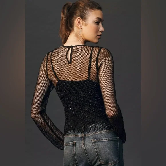 Anthropologie Long-Sleeve Beaded Mesh Top (XXS) - Picture 2 of 6